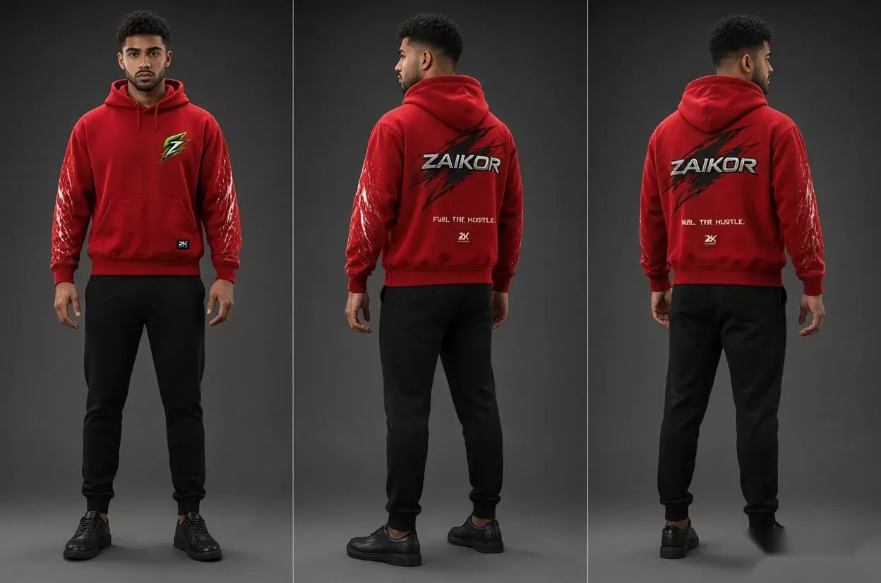 Zaikor Bolt Tracksuit in Fight Red, front, back and side views