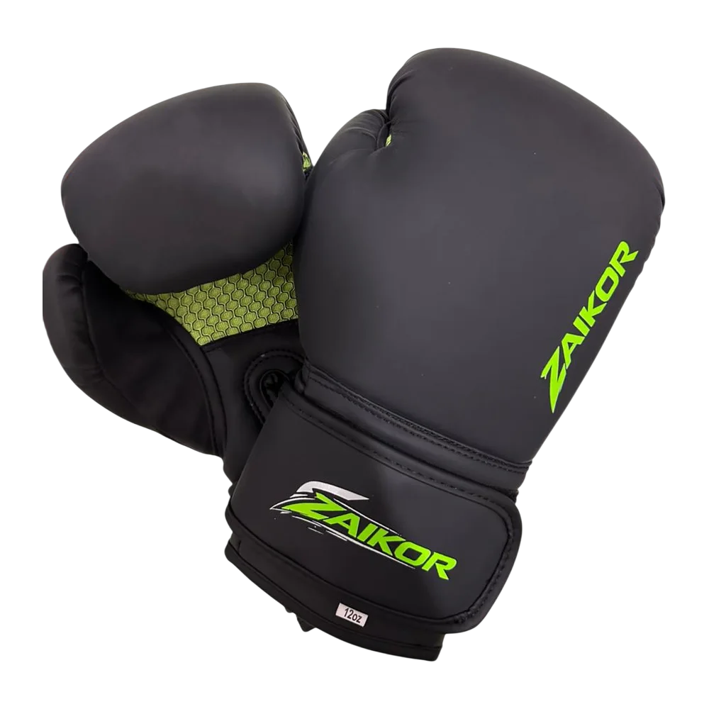 Pair of Zaikor Venom Pro boxing gloves in black with volt-green mesh palm